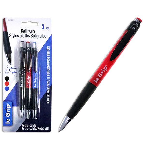Le Grip Retractable Pens Blue Black and Red 3-Pack