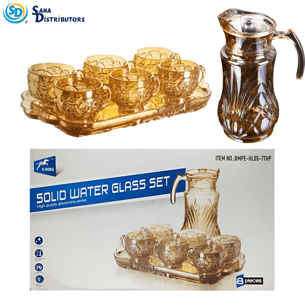 Glass Jug & Cup Set 8 pcs 9"x3"x15"