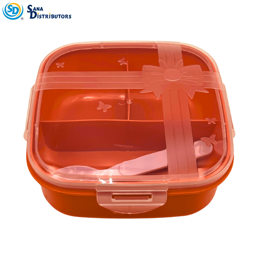 Plastic Lunch Box with Spoon - Assorted Colours [5" X 5" X 3"]