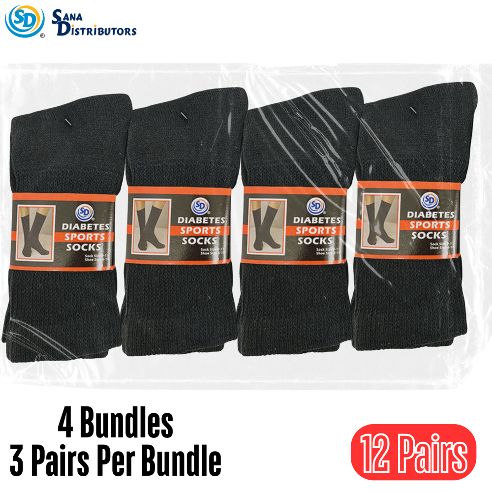 SD Diabetes Sports Socks Black 12 Pairs 9-11