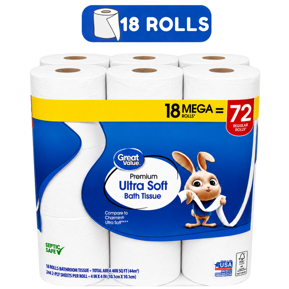 Great Value Bath Tissue 2-ply 18=72 Rolls [244 Sheets]