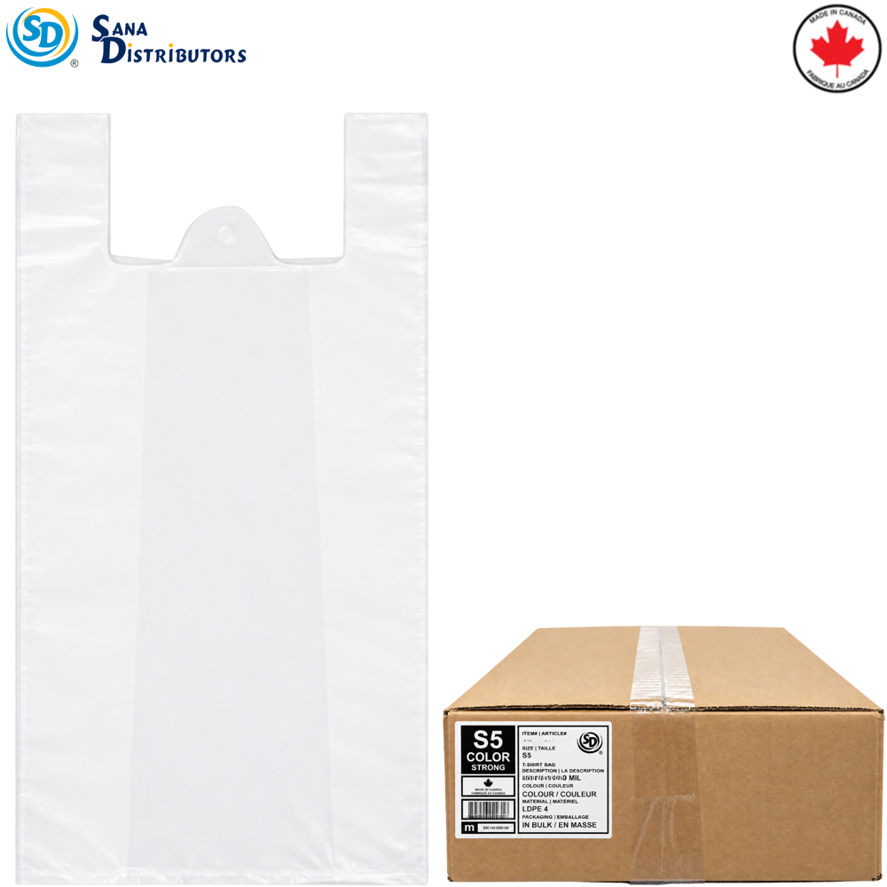 SD S-5 Plastic Shopping Bags White 18" X 21" Made in Canada
