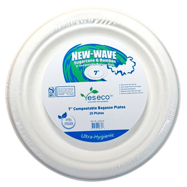 New Wave Sugarcane & Bamboo 7IN Compostable Bagasse Plate 25 ct