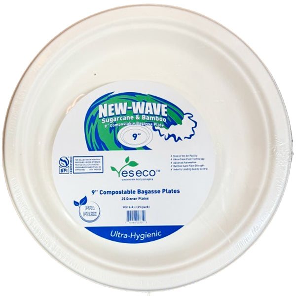 New Wave Sugarcane & Bamboo 9IN Compostable Bagasse Plate 25 ct