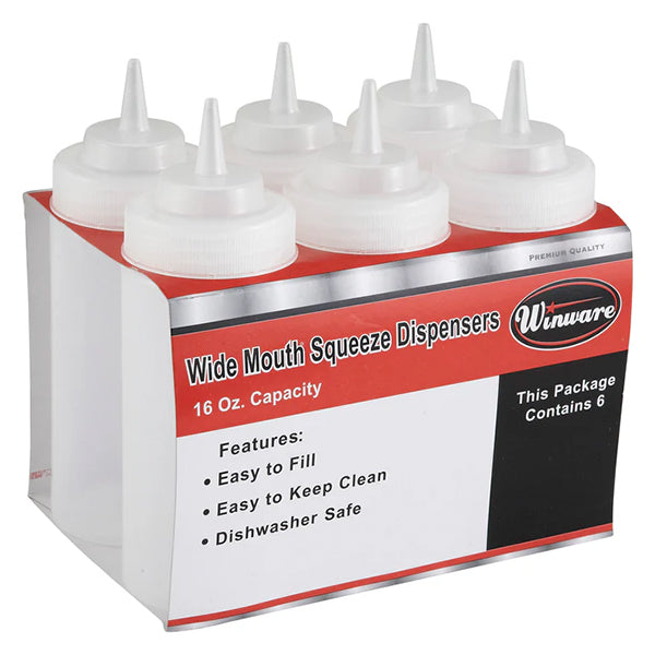 Winco 24 oz Wide Mouth Squeeze Bottle Clear 6-Pack