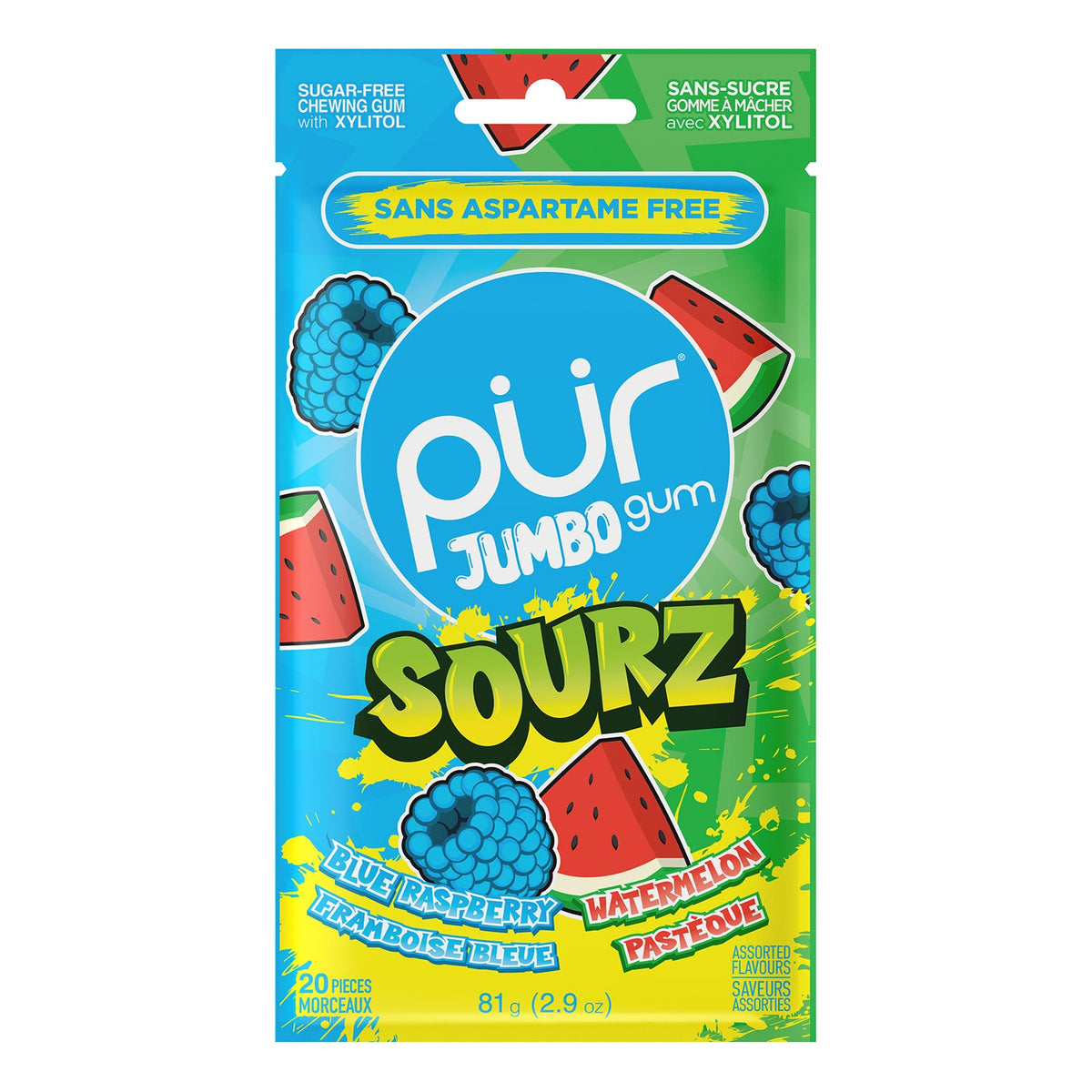 PUR Jumbo Gum Sourz Blue Raspberry Watermelon 81 g