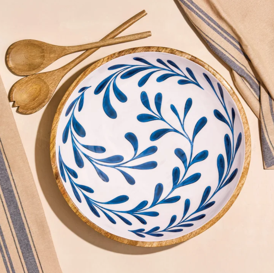 Maison Neuve , Enamelled Mango Wood Salad Bowl & Servers, 44 cm (17.3 in.), Brown