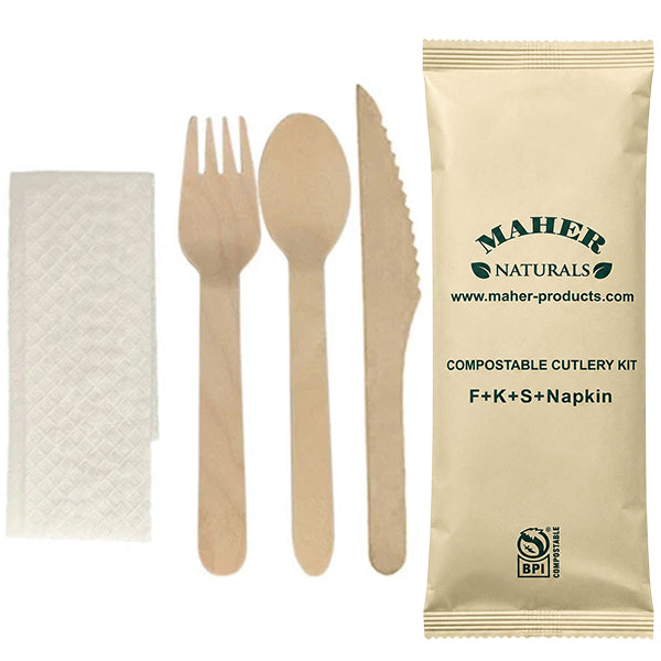 Maher Naturals Cutlery Kit 6.5" Compostable w/ Paper Wrapper 500-Pack