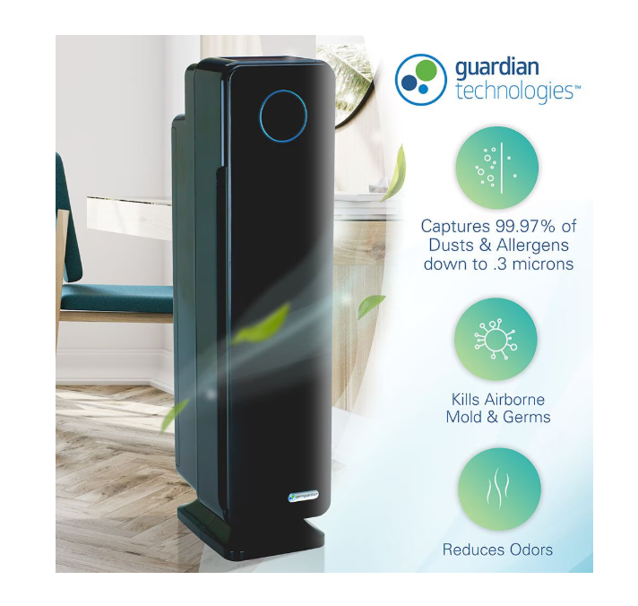 GermGuardian AC5350B Elite 4-in-1 HEPA Filter & UVC Tower Air Purifier, Removes Allergens & Odours, Black, Small-Medium Room