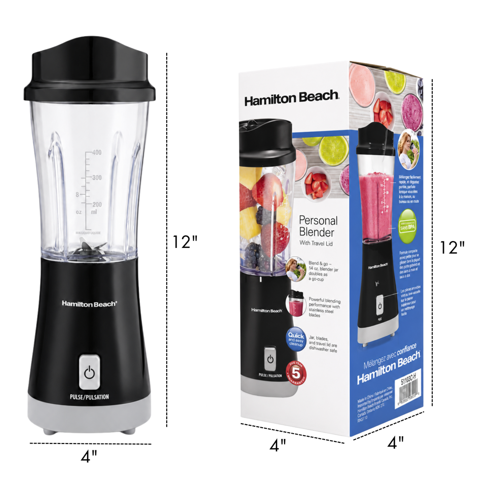 HAMILTON BEACH PERSONAL BLENDER WITH TRAVEL LID #51109CR