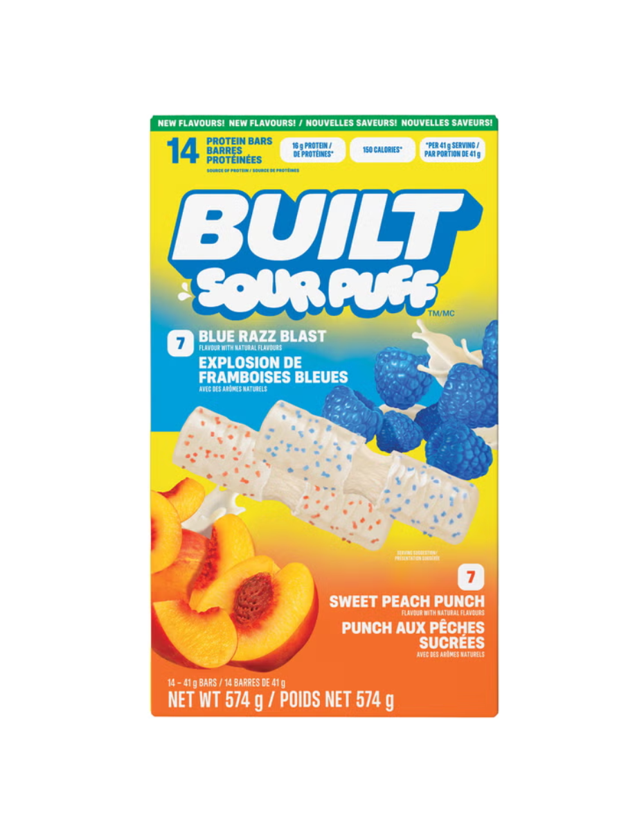 Built Sour Puff Protein Bars, Blue Razz Blast and Sweet Peach Punch, 14 × 41 g
