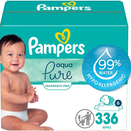 Pampers Baby Wipes Aqua Pure, 99% water-based wipes, Hypoallergenic and Unscented Infant Wipe, 336 Total (6 Flip-Top Packs)