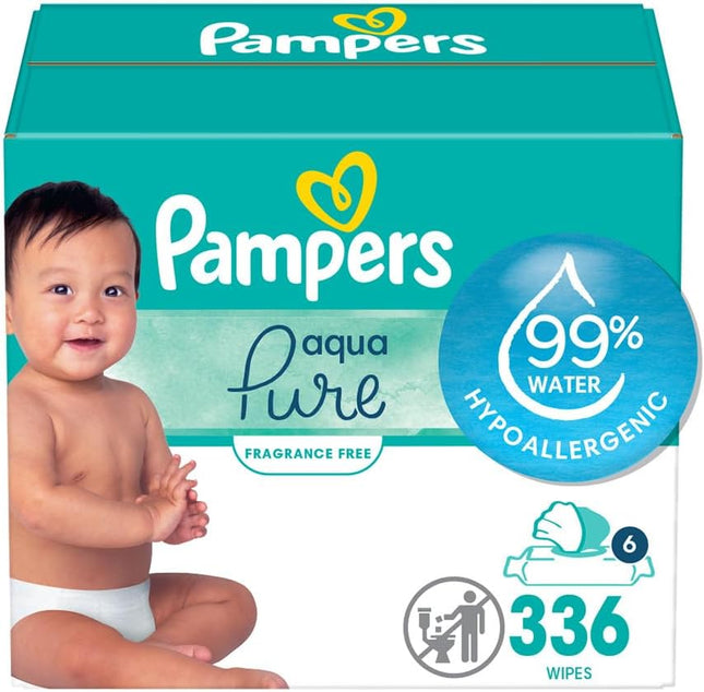 Pampers Baby Wipes Aqua Pure, 99% water-based wipes, Hypoallergenic and Unscented Infant Wipe, 336 Total (6 Flip-Top Packs)
