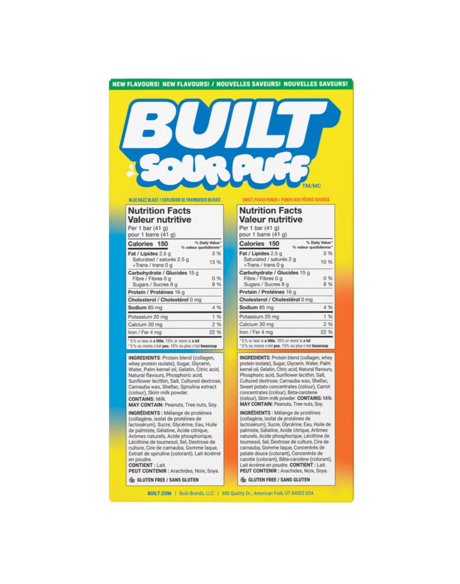 Built Sour Puff Protein Bars, Blue Razz Blast and Sweet Peach Punch, 14 × 41 g