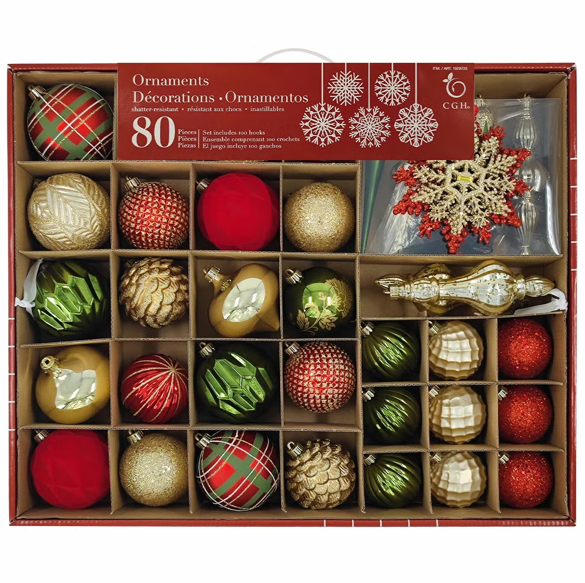 CGH Shatter Resistant Christmas Tree Ornament Set 80 Pieces Red Green