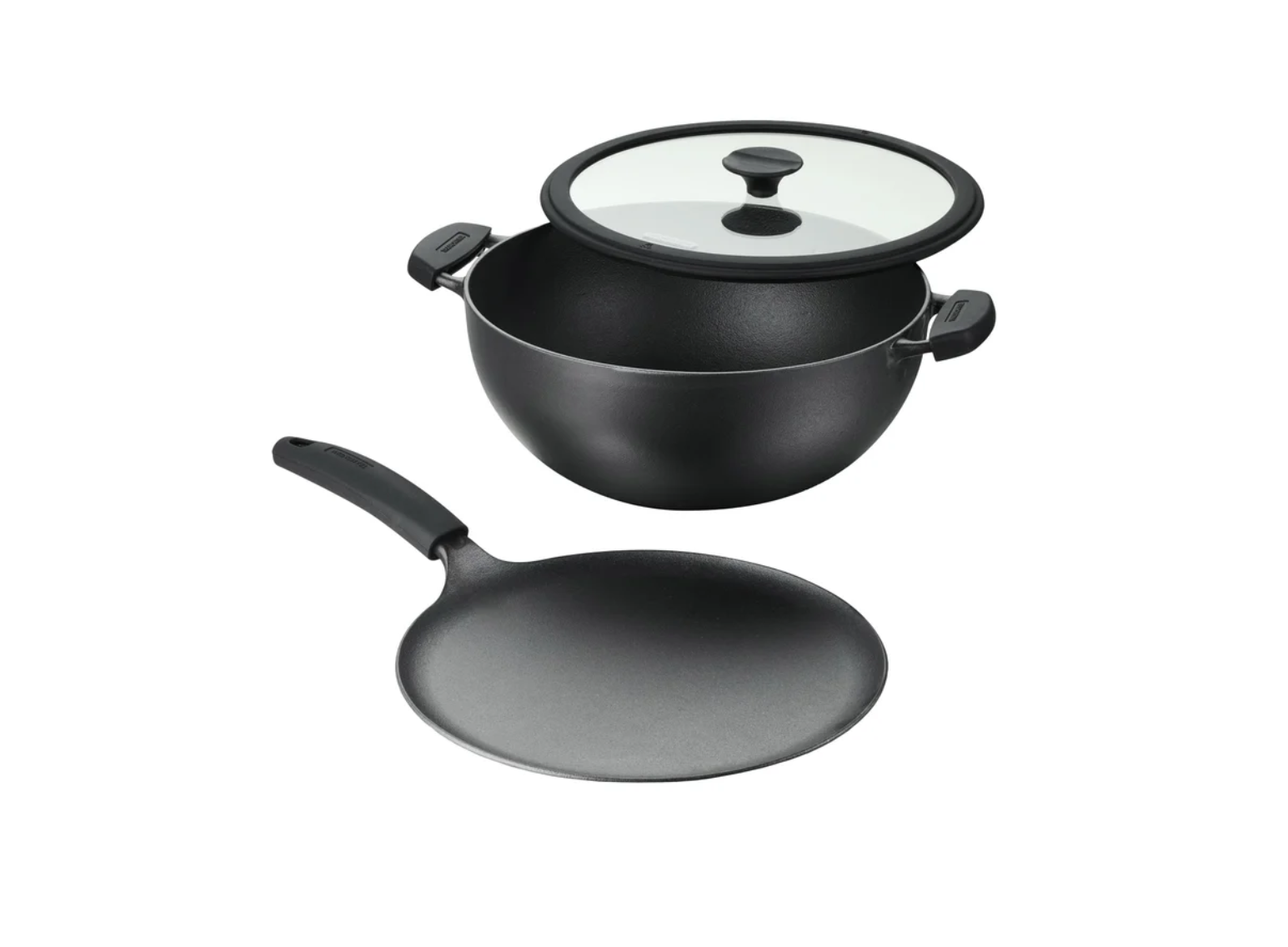Tramontina , 3-piece Cast Iron 7-quart Deep Kadai & Flat Tawa Cookware Set , Black