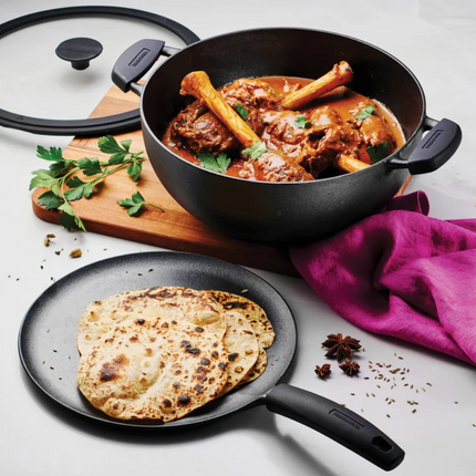 Tramontina , 3-piece Cast Iron 7-quart Deep Kadai & Flat Tawa Cookware Set , Black