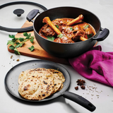 Tramontina , 3-piece Cast Iron 7-quart Deep Kadai & Flat Tawa Cookware Set , Black