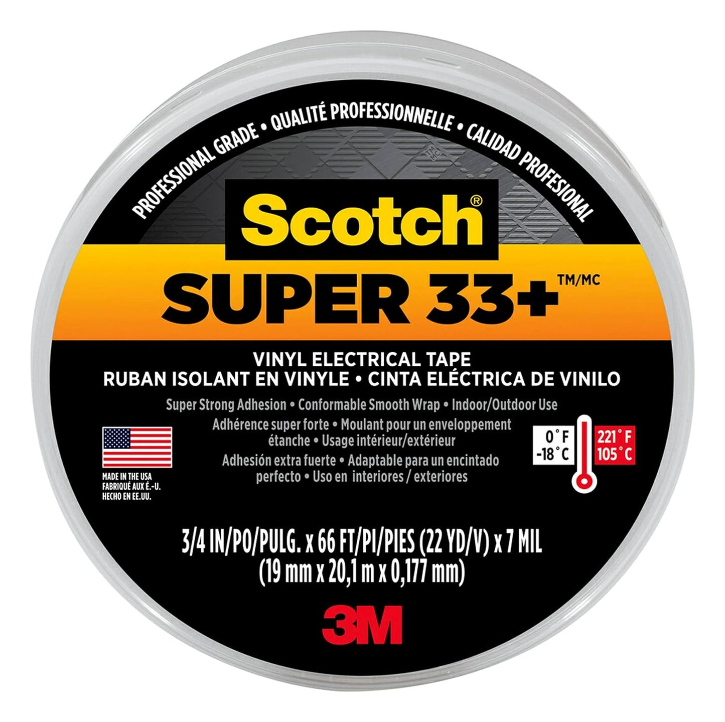 3M Scotch Super 33+ Vinyl Electrical Tape, .75-Inch x 66-Foot, Insulates and Protects Against Abrasion and Moisture, Protective Jacketing up to 600V Splice Insulation (6132-BA-10)