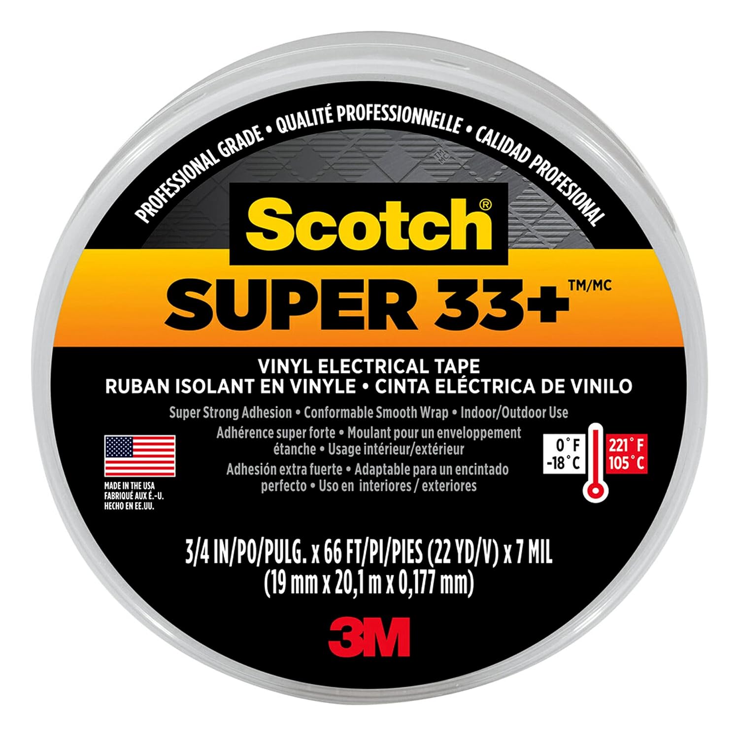 3M Scotch Super 33+ Vinyl Electrical Tape, .75-Inch x 66-Foot, Insulates and Protects Against Abrasion and Moisture, Protective Jacketing up to 600V Splice Insulation (6132-BA-10)