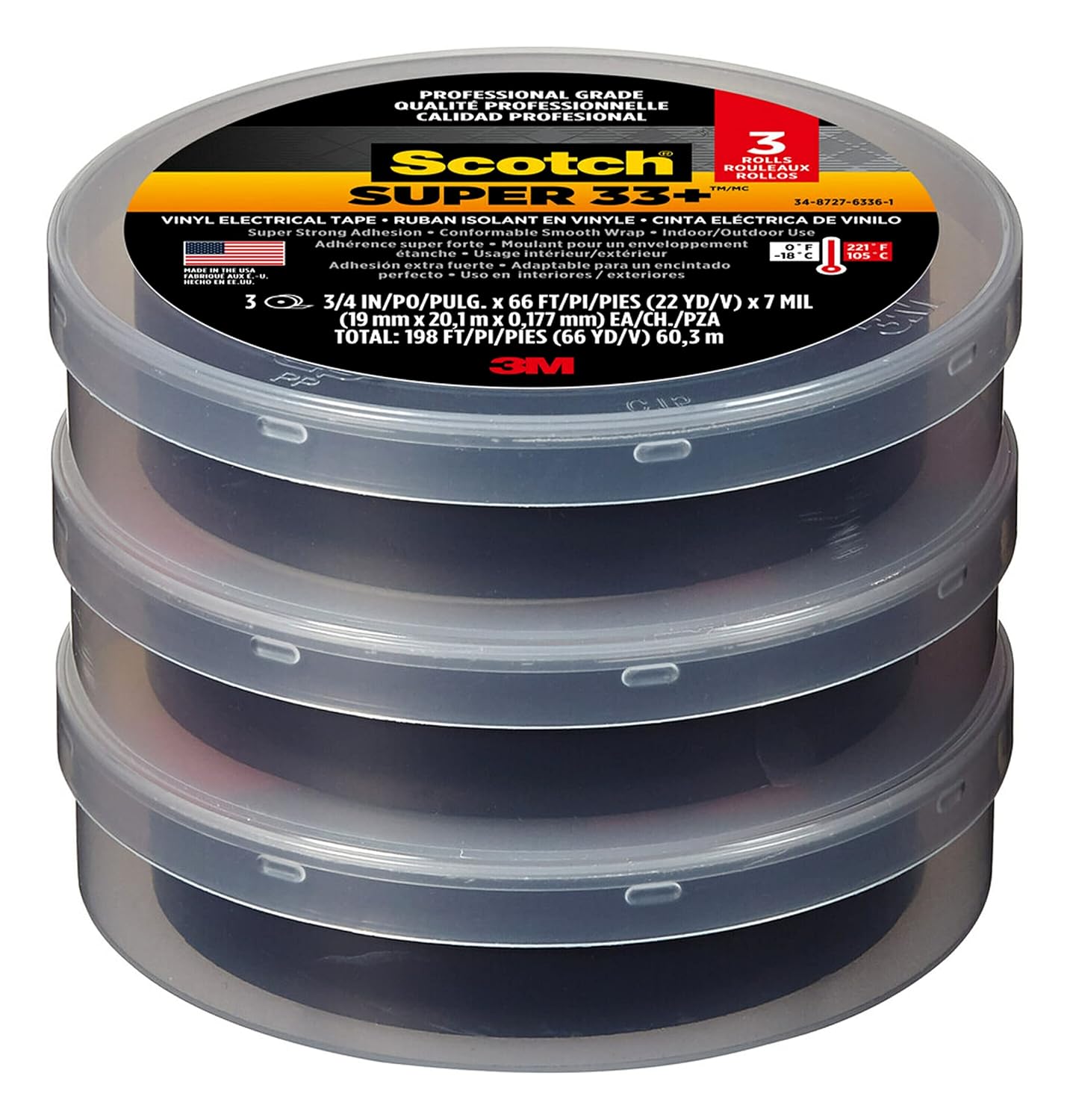 3M Scotch Super 33+ Vinyl Electrical Tape, .75-Inch x 66-Foot, Insulates and Protects Against Abrasion and Moisture, Protective Jacketing up to 600V Splice Insulation (6132-BA-10)