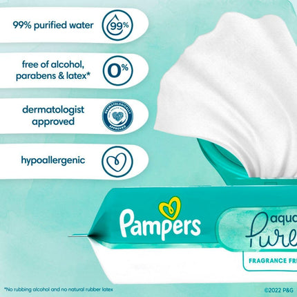 Pampers Baby Wipes Aqua Pure, 99% water-based wipes, Hypoallergenic and Unscented Infant Wipe, 336 Total (6 Flip-Top Packs)