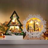 Wooden Holiday Icons with LED lights - Set of 2, Snowflake and Christmas Tree