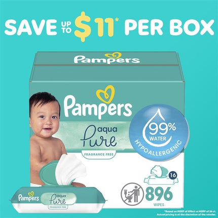 Pampers Baby Wipes Aqua Pure, 99% water-based wipes, Hypoallergenic and Unscented Infant Wipe, 336 Total (6 Flip-Top Packs)