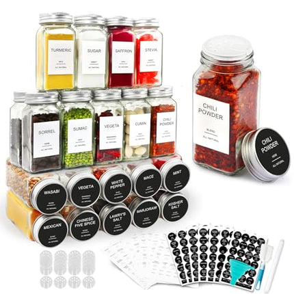 AISIPRIN 24er-Set Gewürzgläser mit Etiketten, 120 ml kleine, leere, quadratische Gewürzbehälter-Flaschen – Streudeckel, Trichter, Bürste, 469 Etiketten und Marker enthalten