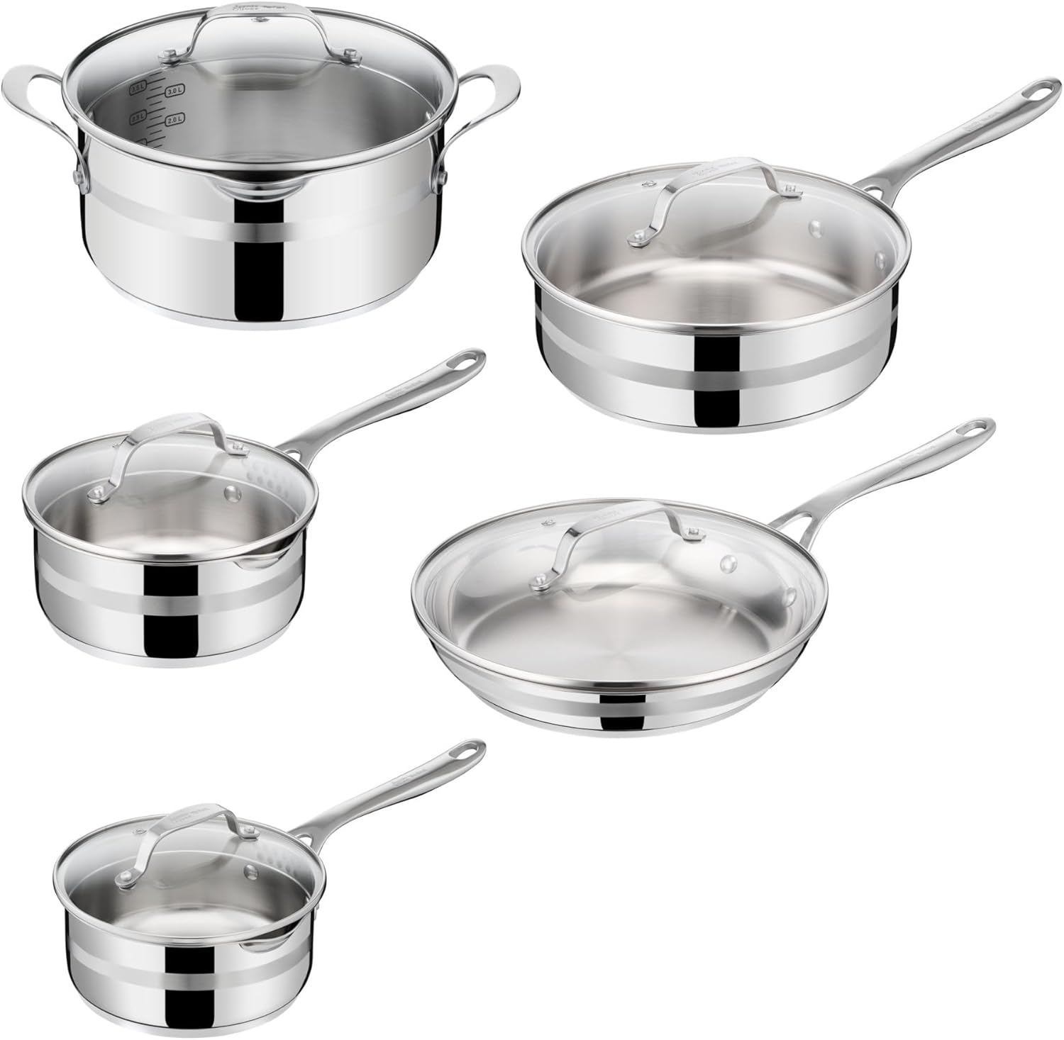 Jamie Oliver by Tefal Cook Smart 10-Piece Stainless Steel Pots and Pans Set, Robust, Fast Heating, Even Cooking, Riveted Handle, Induction Safe, Oven and Dishwasher Safe, Induction Cookware Set