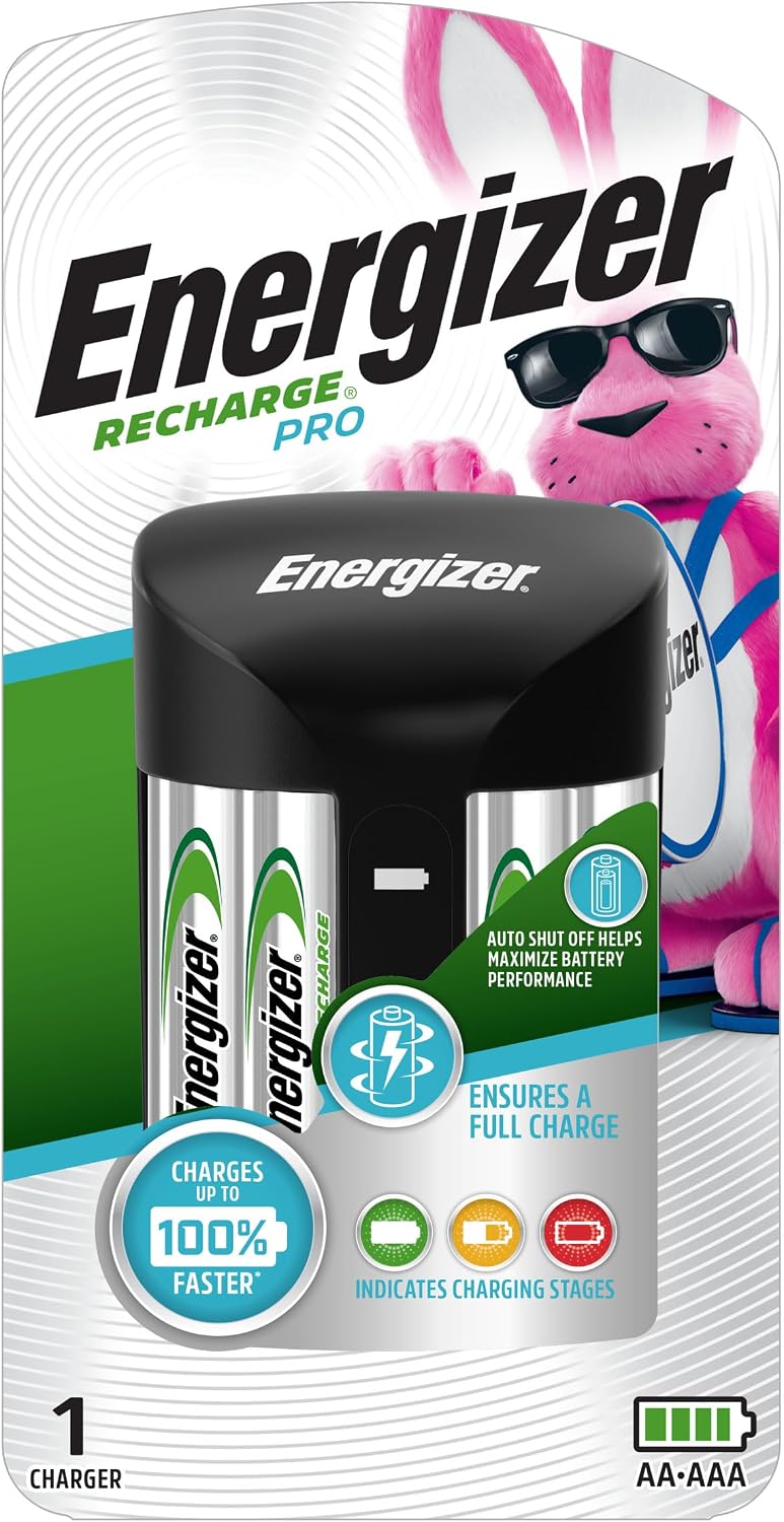 Energizer AA and AAA Battery Charger with 4 AA NiMH Rechargeable Batteries, Recharge Pro Battery Charger for Double A Batteries and Triple A Batteries