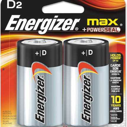 Energizer E95BP2 MAX Alkaline Batteries, D, 2 Batteries/Pack