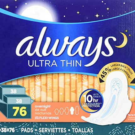 Always Ultra Thin Overnight Binden mit Flügeln, unparfümiert, 76 Stück