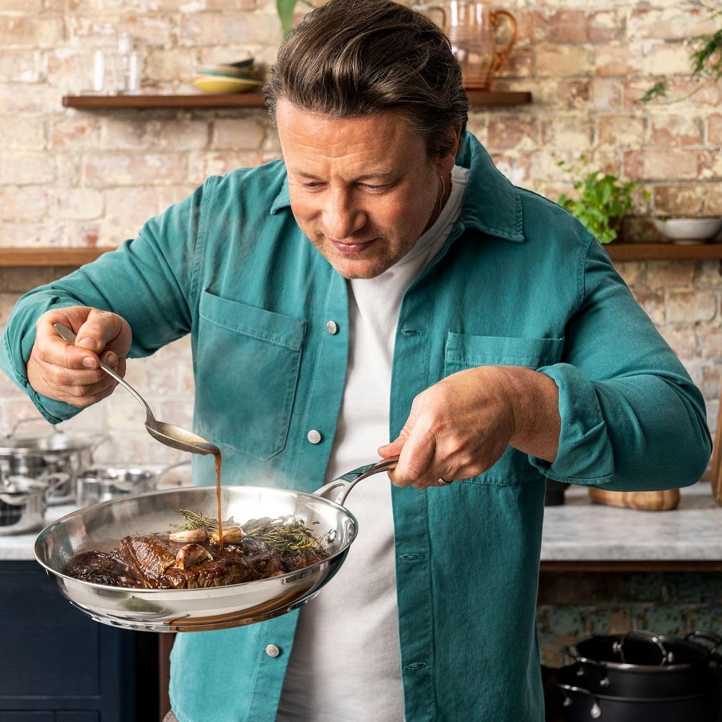Jamie Oliver by Tefal Cook Smart 10-Piece Stainless Steel Pots and Pans Set, Robust, Fast Heating, Even Cooking, Riveted Handle, Induction Safe, Oven and Dishwasher Safe, Induction Cookware Set