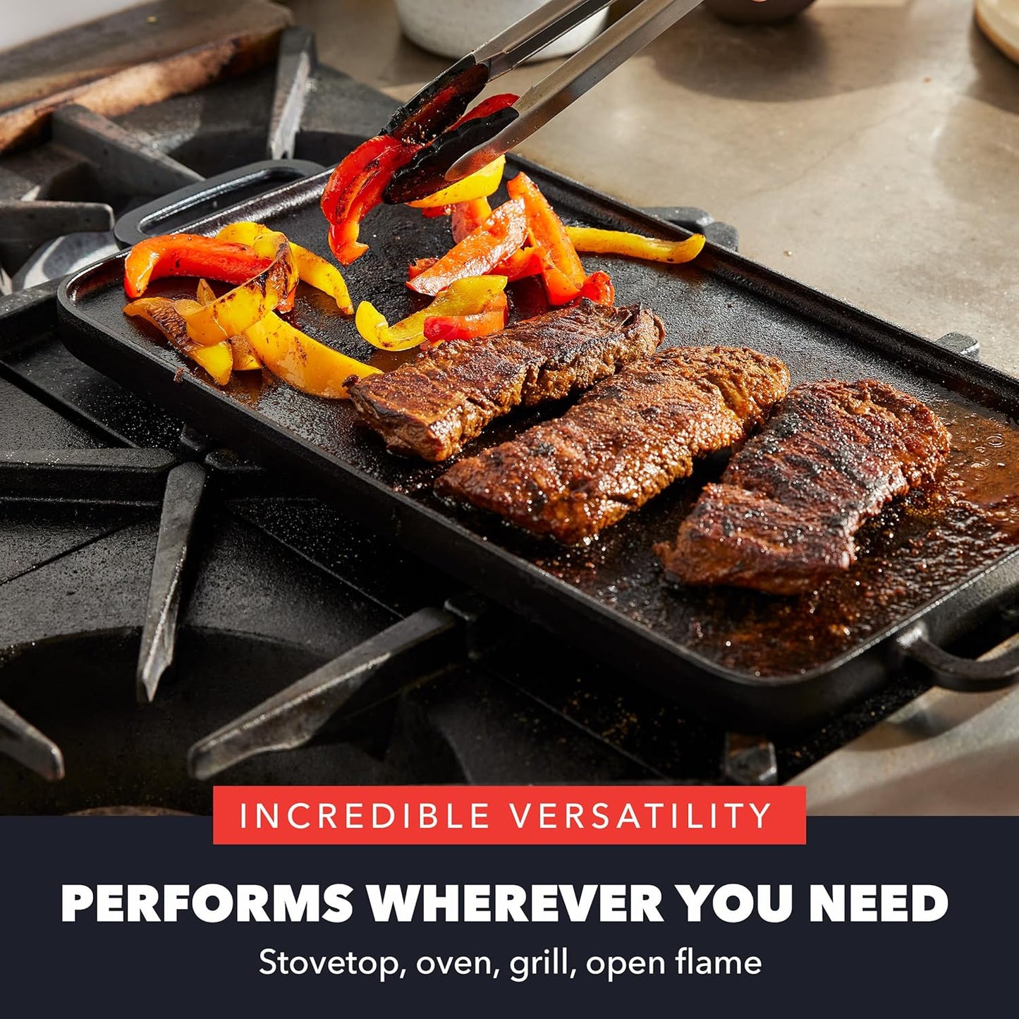 GreenPan x Bobby Flay,Cast Iron Pre-Seasoned 16.75 x 11.4” Reversible Double Burner Griddle, Rectangular Grill, Black