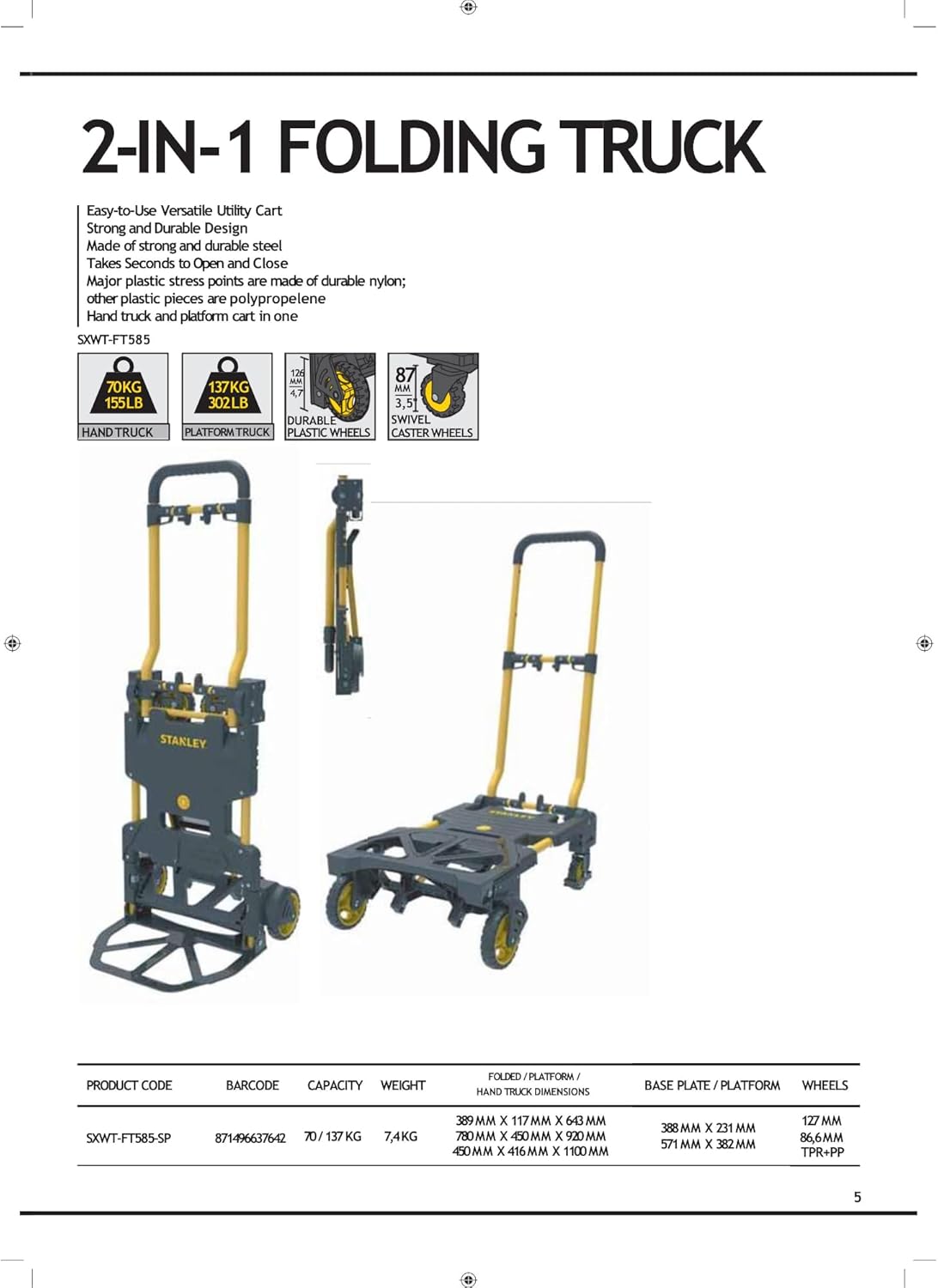 Stanley, 2-in-1 foldable truck SXWTD-FT585, Black/Yellow