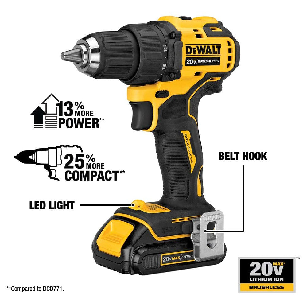 DEWALT 20V MAX* Cordless Drill/Driver Kit, Compact, 1/2-Inch with 2 Batteries - Refurbished with Dewalt Warranty - DCD708C2