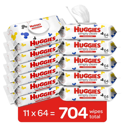 Huggies Simply Clean Unscented Baby Diaper Wipes, 11 Flip-Top Packs (704 Wipes Total), Packaging May Vary
