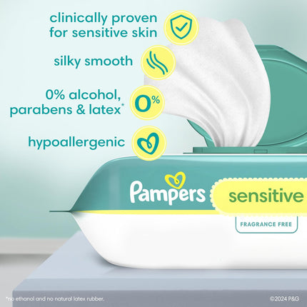 Pampers Baby Wipes Sensitive, Water Based Baby Wipes, Hypoallergenic and Unscented Baby Wipes, 504 Wipes Total (6 Flip-Top Packs)
