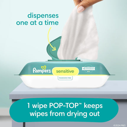 Pampers Baby Wipes Sensitive, Water Based Baby Wipes, Hypoallergenic and Unscented Baby Wipes, 504 Wipes Total (6 Flip-Top Packs)