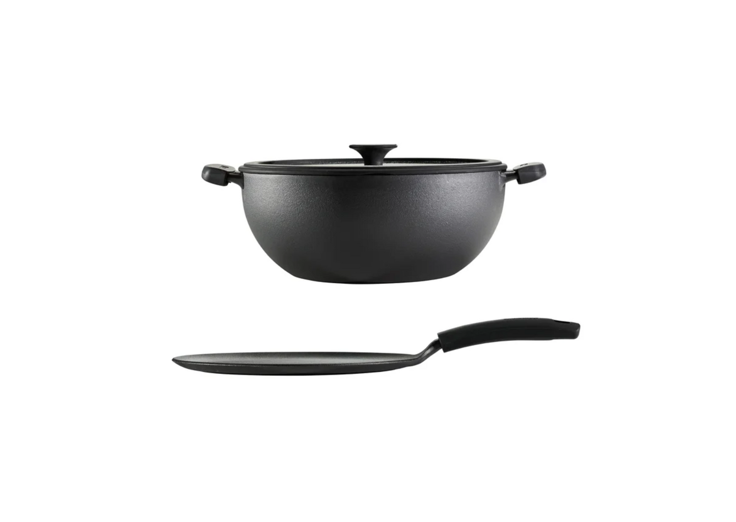 Tramontina , 3-piece Cast Iron 7-quart Deep Kadai & Flat Tawa Cookware Set , Black