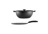 Tramontina , 3-piece Cast Iron 7-quart Deep Kadai & Flat Tawa Cookware Set , Black