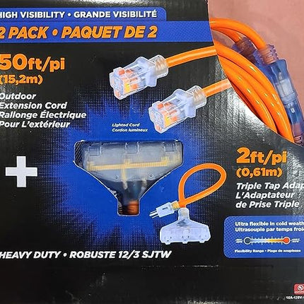 12/3 SJTW Heavy Duty beleuchtetes Outdoor-Verlängerungskabel Kombipackung 3 Stück. Zwei 15,2 m (50 Fuß) und ein 0,61 m (2 Fuß) Dreifachstecker-Adapter. Gut sichtbar, flexibel bis -40 °C, 125 V 15 A 1875 W