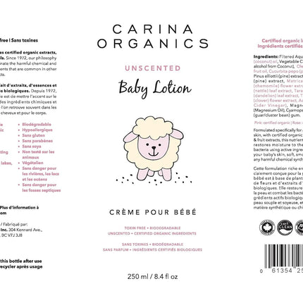 Carina Organics Extra Gentle Baby Lotion, Organic & Natural, for Sensitive Skin, Whole Body, 250 ml, White