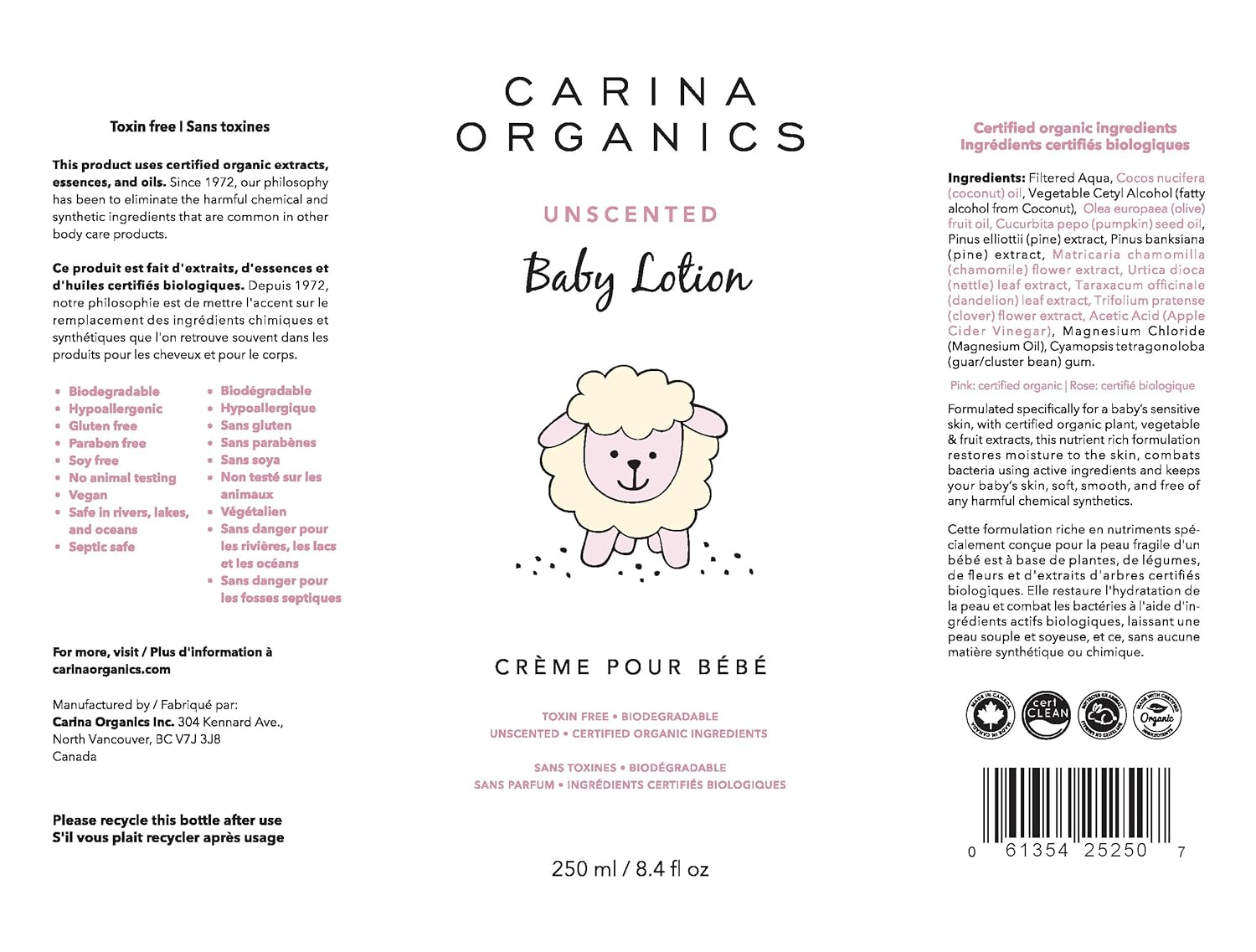 Carina Organics Extra Gentle Baby Lotion, Organic & Natural, for Sensitive Skin, Whole Body, 250 ml, White