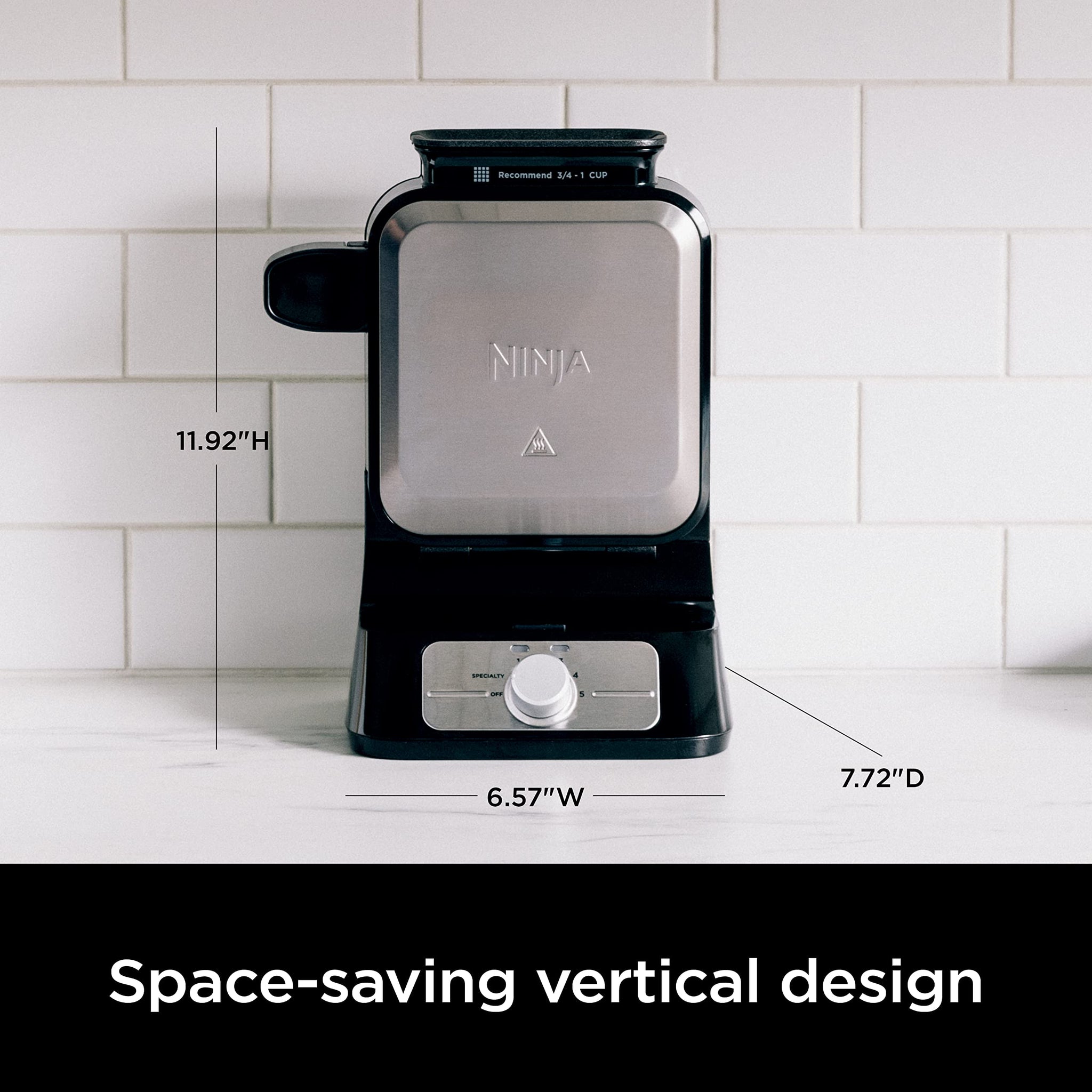 Ninja BW1001 NeverStick PRO Belgian Waffle Maker, Vertical Design, 5 Shade Settings, Black & Silver