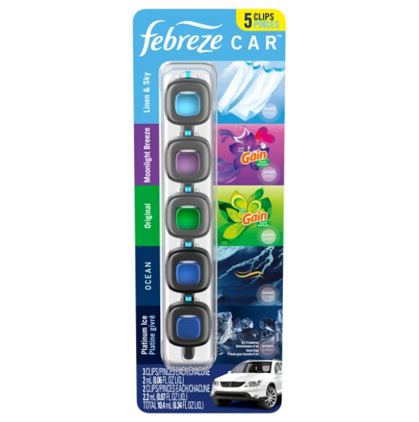 Febreze Car Odor-Fighting Air Freshener Vent Clip, Mixed Pack, 2.2ml, 5 count